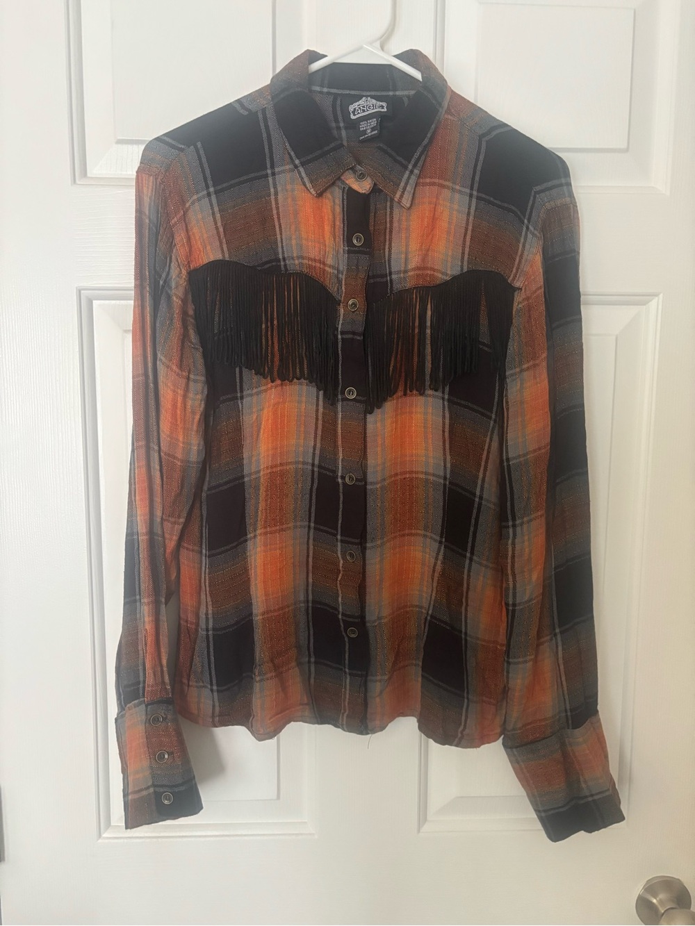 Angie Plaid Fringe Button-Up in Orange and Black Western Size Medium